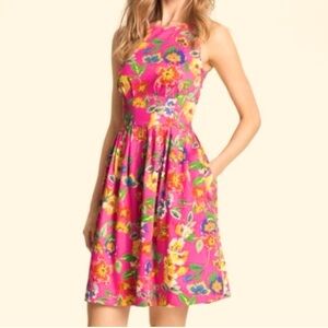 Kate Spade classic pleated a-line dress, bright florals on pink background